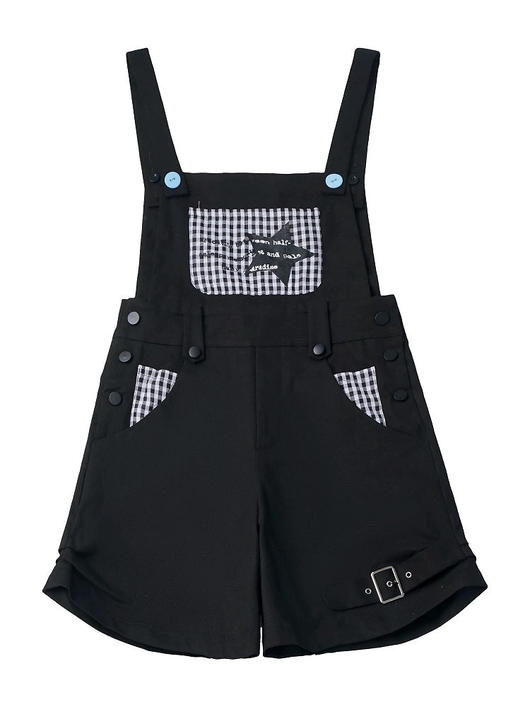 Daily Kawaii Black Plaid Spliced Overall Shorts - PINK SAVIOR