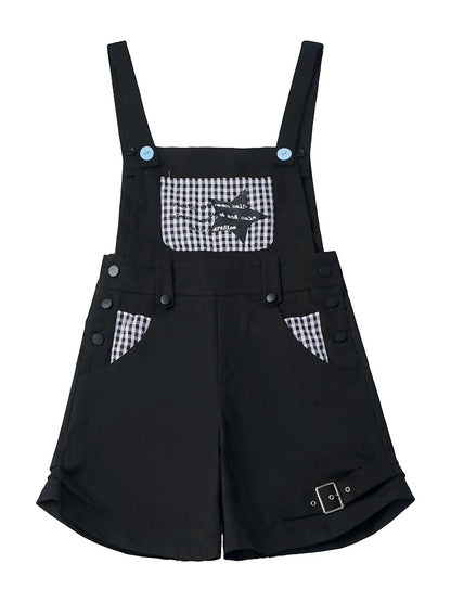 Daily Kawaii Black Plaid Spliced Overall Shorts - PINK SAVIOR
