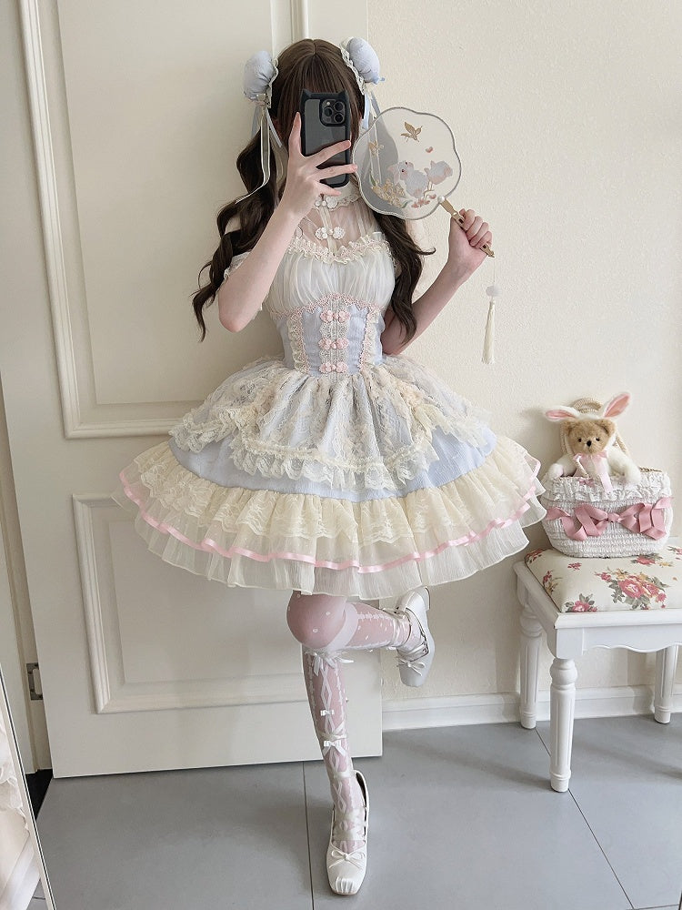 Chinoiserie Trim Dress Lolita Lace Blue Ballet-Inspired Frog Cute Button JSK