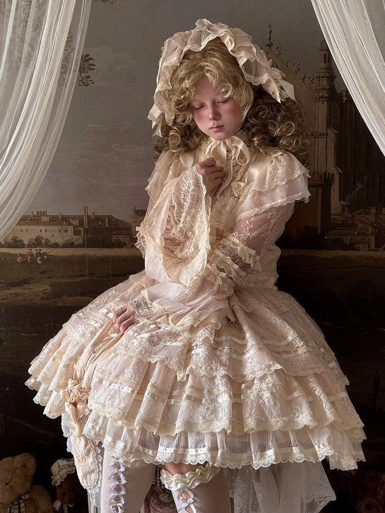 Retro Lolita Beige Lace Headpiece with Satin Ribbon - Twin Bear Original Design