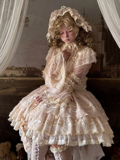 Retro Lolita Beige Lace Headpiece with Satin Ribbon - Twin Bear Original Design