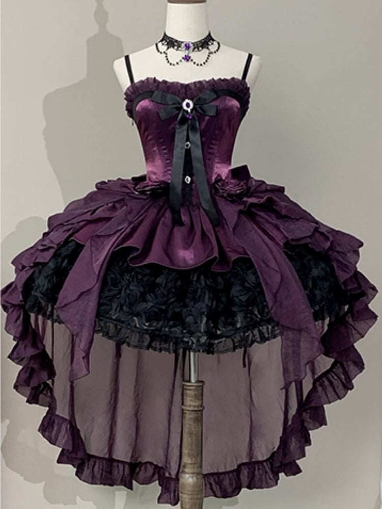 Purple Black Strapless Gothic Lolita Dress - Rose Bouquet Boned Corset