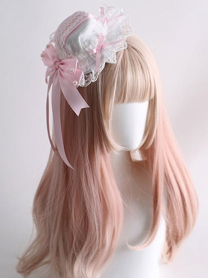Pink And White Sweet Lolita Lace Trim Bowknot Mini Hat With Clips