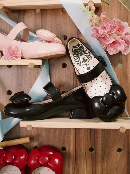 Mary Black - Bow Heel Buckle Heart Low Janes Sweet Lolita Toe at Top Round PU