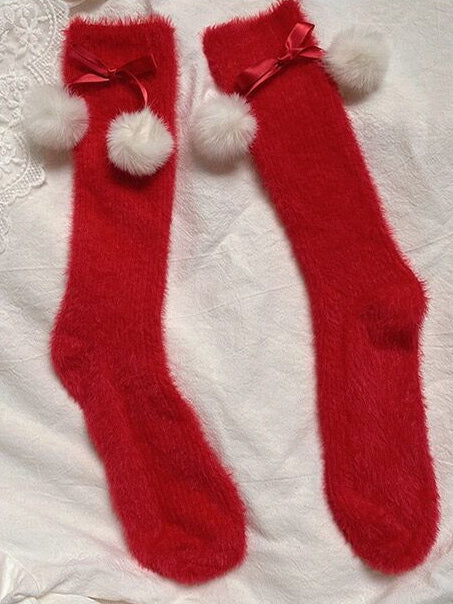 White/Red Bow Pompons Lolita Under Knee Stockings