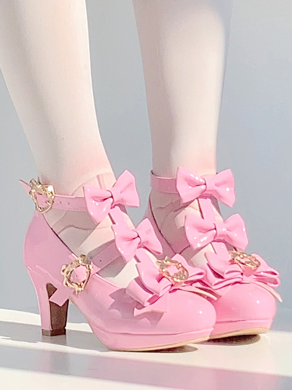 with Heart-shaped Snap Heel Lolita Heeled Hime Bow Shoes Fastening Pink 7cm Detachable Dark Rhinestone