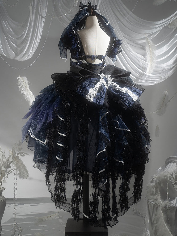 Dark Blue Swan Feather Accented Lolita JSK Dress Set - Felinae Cookie