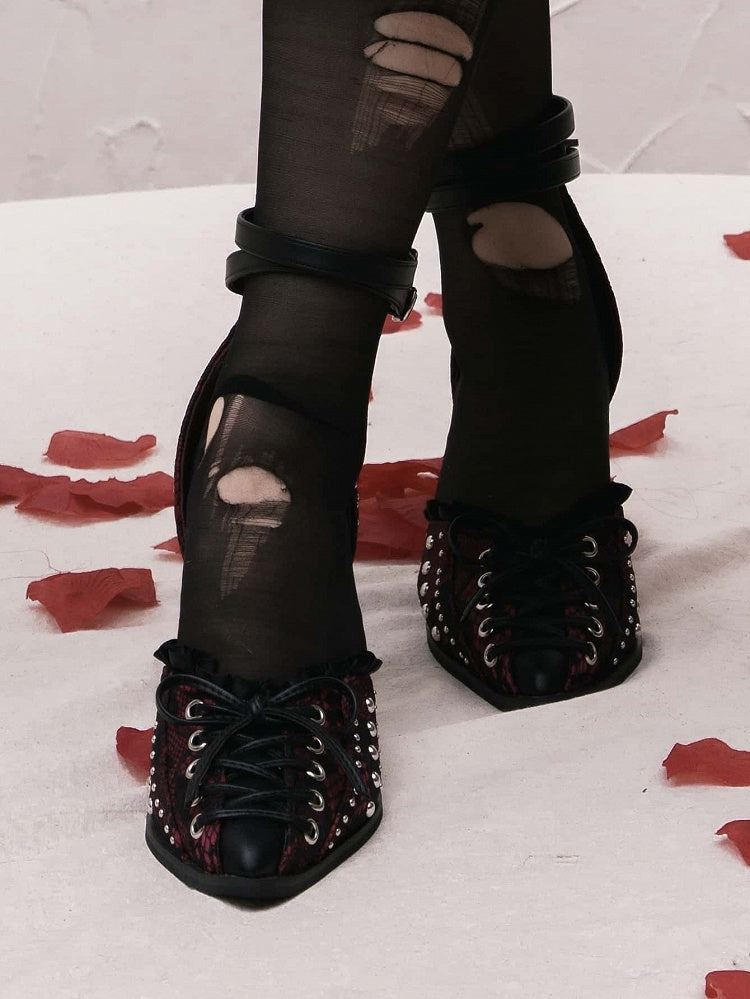 Studded Details Pointed - Cross Lacing Toe High Heels Accents with Gothic Red
