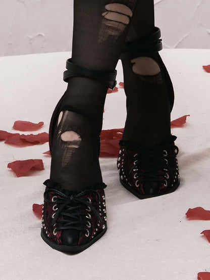 Studded Details Pointed - Cross Lacing Toe High Heels Accents with Gothic Red