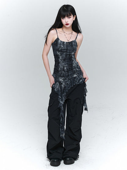 Glamorous Waist Asymmetrical Cami Ruched Gray Flounce Hem Top with Black