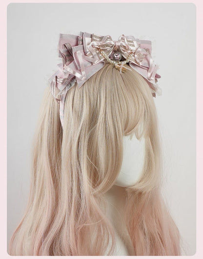 ロリータピンクの大きなリボンビーズチェーンとハートチャームレーストリムKC