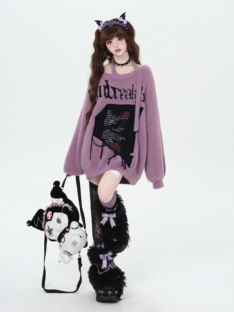 Sweater Halter Loose Letter Graphic Purple Neck Bittersweet