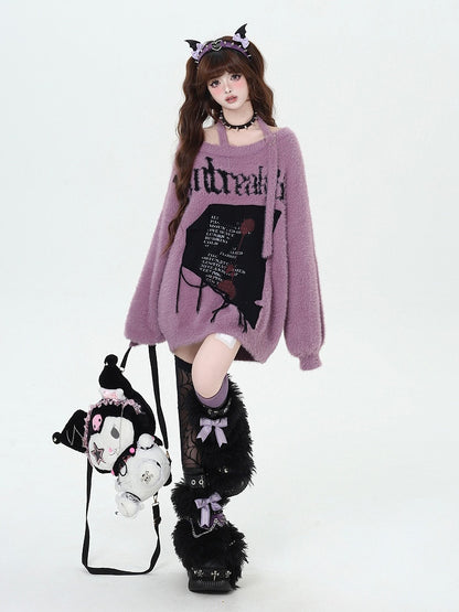 Sweater Halter Loose Letter Graphic Purple Neck Bittersweet