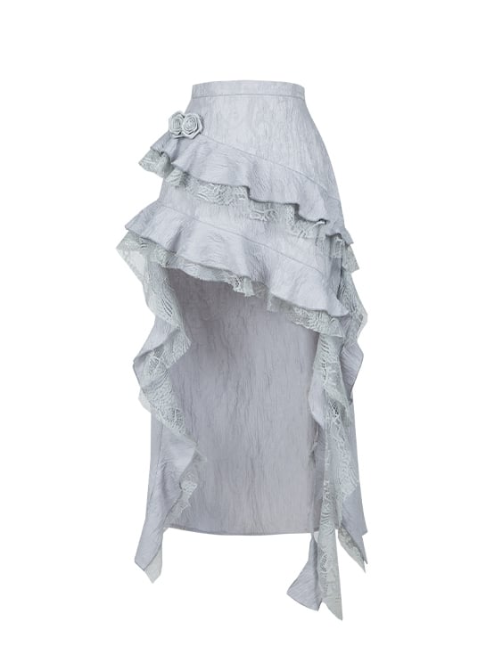 Trim Gray Ruffle Cascading Asymmetrical Silver Skirt High-low