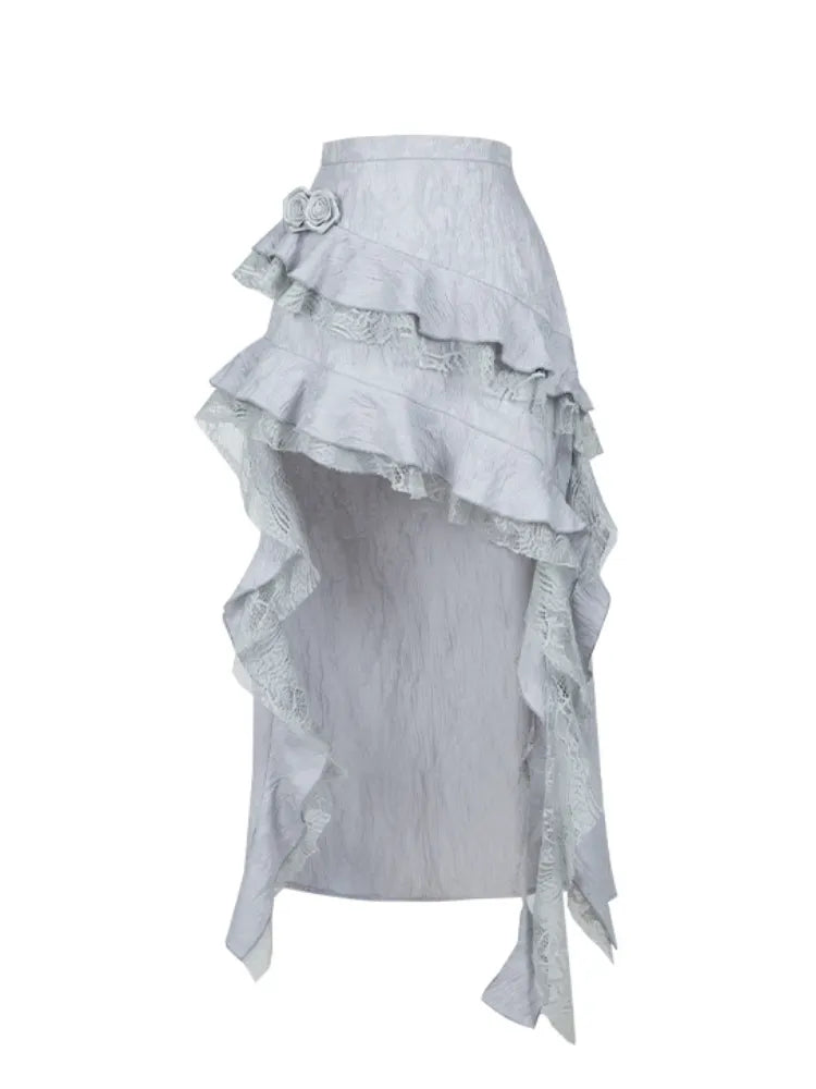 Silver Gray Asymmetric High-Low Skirt with Cascading Ruffles - With PUJI