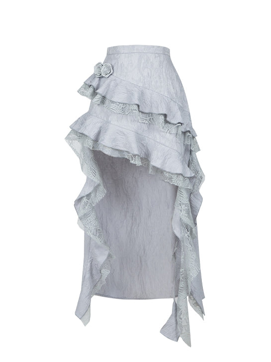 Asymmetric High-Low Skirt in Silver Gray with Cascading Ruffle Trim - With PUJI