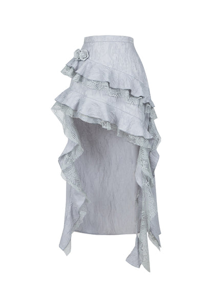 Asymmetric High-Low Skirt in Silver Gray with Cascading Ruffle Trim - With PUJI