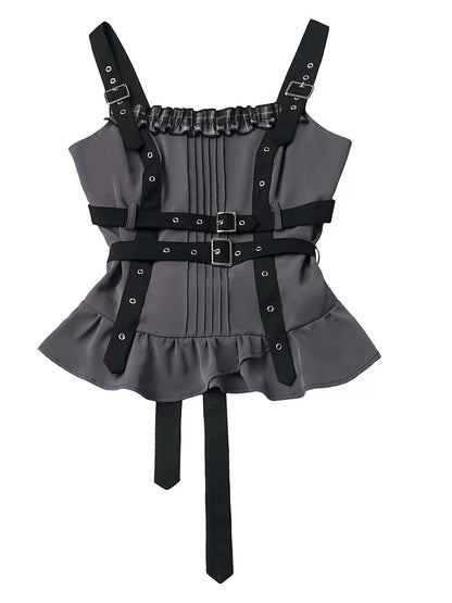 Black & Gray Cami Top with Buckle Straps and Flared Peplum Hem - PINK SAVIOR