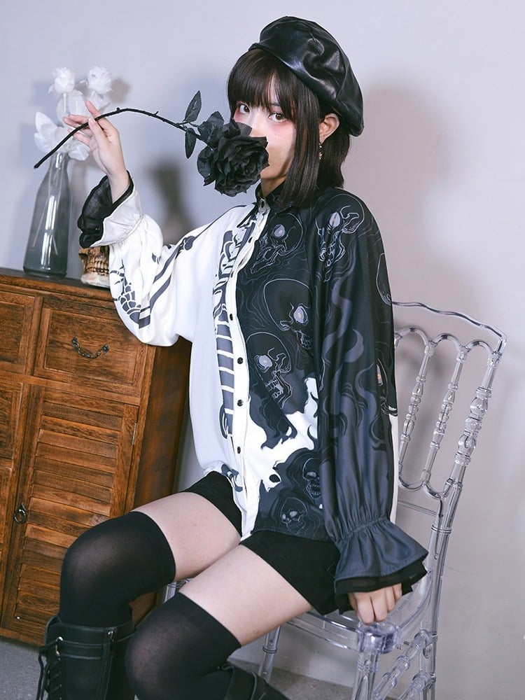 Gothic Black and White Balloon Sleeve Shirt with Asymmetric Skeleton Print - Quirky Hut