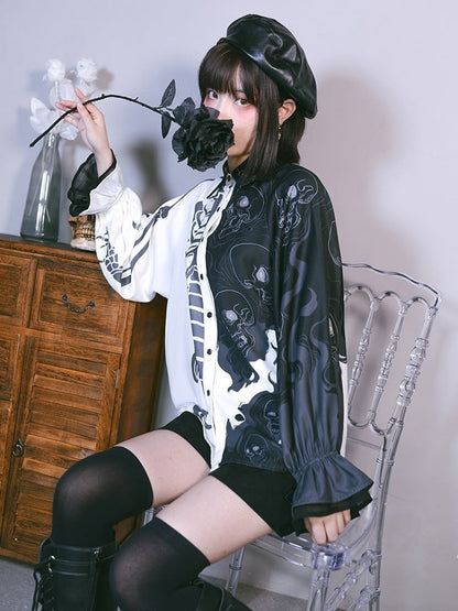 Gothic Black and White Balloon Sleeve Shirt with Asymmetric Skeleton Print - Quirky Hut