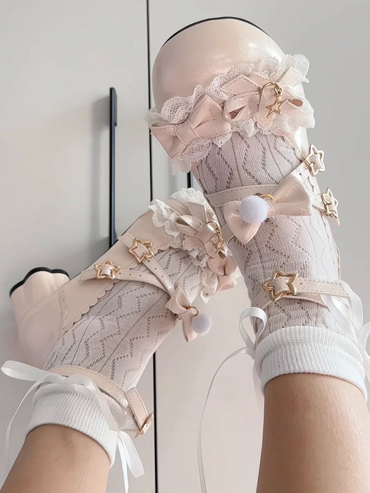 Sweet Janes Mary Lace Lolita PU with Trim in Leather Beige Mid-heel