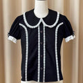 Short Black Old Collar Sleeves Blouse Flat School Lolita Round Cotton