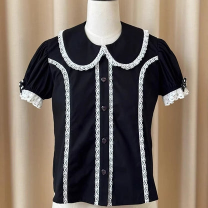 Kurze schwarze Bluse mit alten Kragenärmeln, flache Schule, Lolita, runde Baumwolle