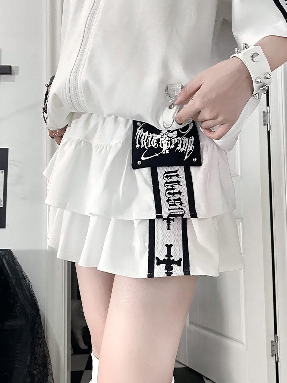 Tiered Skirt Prints Waist Cross Ruffle White Elastic with Black
