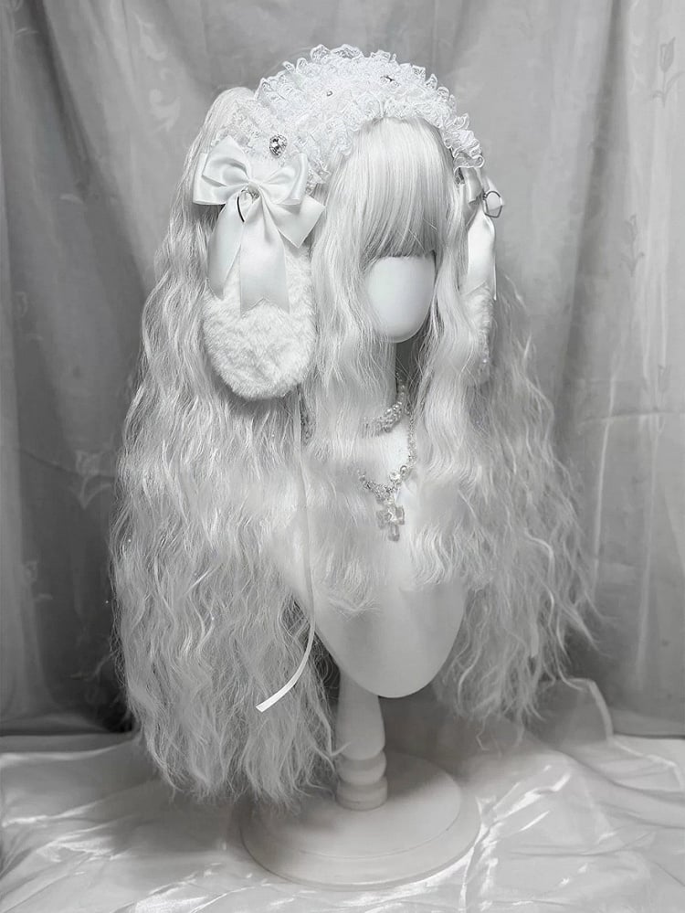 White Full Bangs 60cm Long Wavy Wig with Double Ponytails - Universe Opening