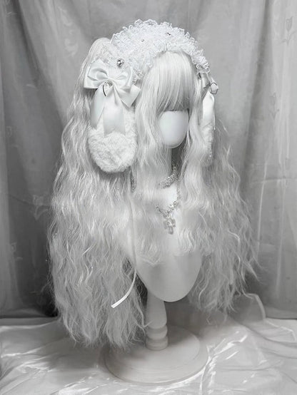 White Full Bangs 60cm Long Wavy Wig with Double Ponytails - Universe Opening