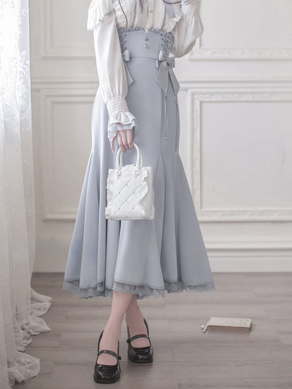 Mermaid Skirt Waist Blue Lace Trim with Lace-Up Jirai Long Kei Light