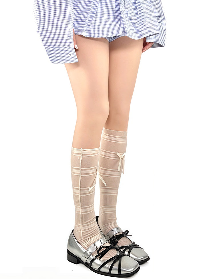 White/Beige Decorated Bowknot Ballet-Style Socks Thin Calf