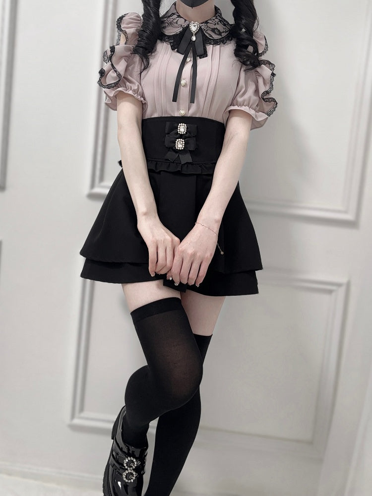 Schleife Dusty Collar Peter Bluse mit Spitze Pink Pan Cutout Trim Schulter Jirai Tie Kei