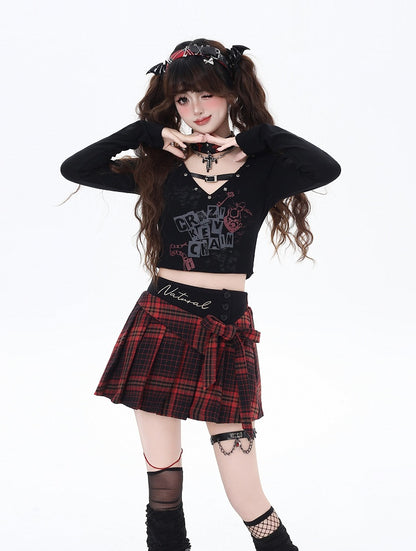 Black/White V-neck Buckle Strap Letter Print Cropped Top