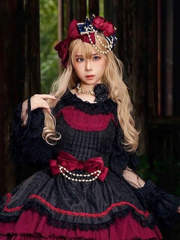 Bead Rose KC Bow Dark with Lolita and Blue Accents Red