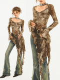 with Top Vintage Tie-Dye Tulle and Bell Hem Coffee Asymmetrical Sleeves