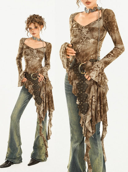 with Top Vintage Tie-Dye Tulle and Bell Hem Coffee Asymmetrical Sleeves