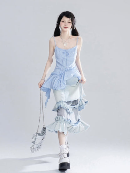 Jeansrock mit Taille, gestufte Rüschen, asymmetrisch, verblasste Waschung, blau, niedrig