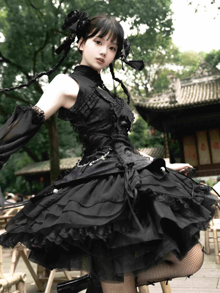 Sleeves Black Butterfly Qi with Theme Lolita Collar Banded Qipao Dress