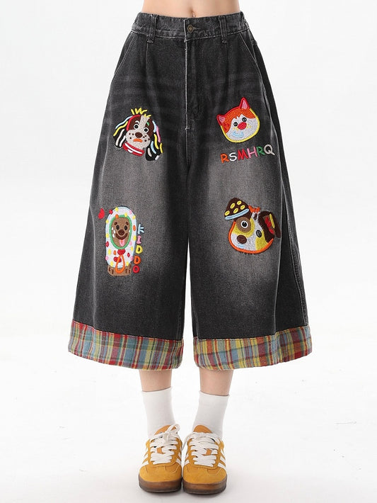 Denim Embroidery Pants with Black Plaid and Animal Adorable Cuffs Capri