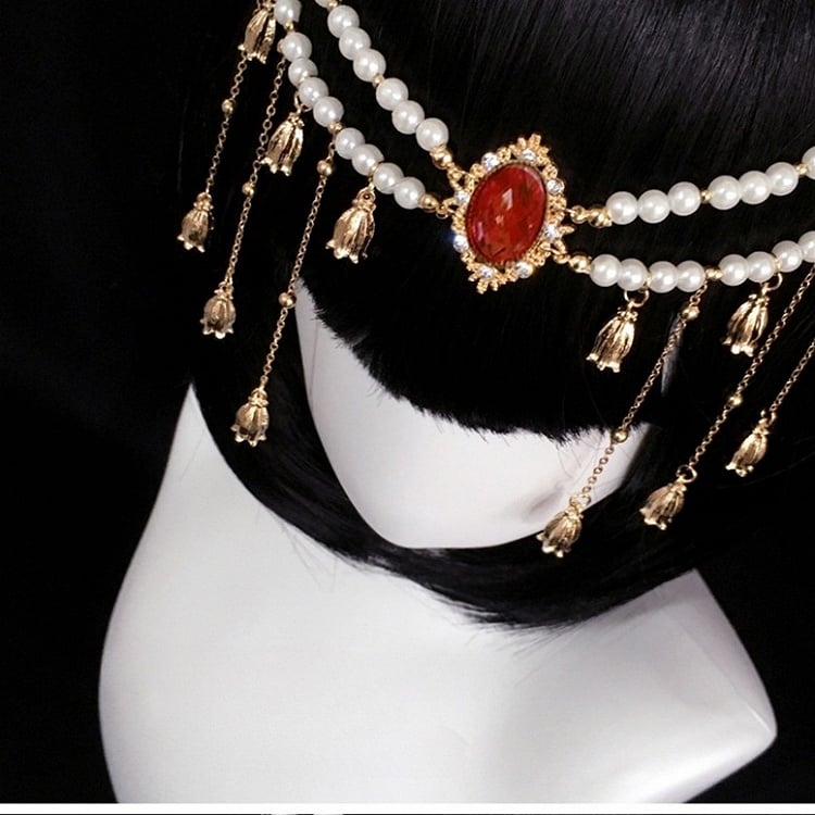 Rhinestone Bell and Center Flowers Tassels Headwear Golden with Beaded