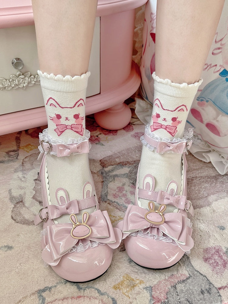 Kitty Ankle White Pink Print Socks Lolita