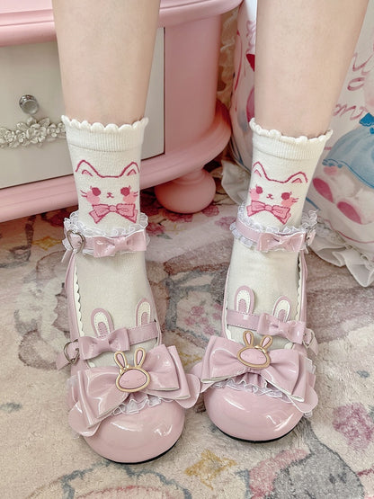 Kitty Ankle White Pink Print Socks Lolita
