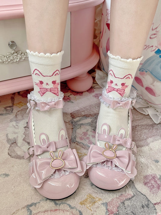 Kitty Ankle White Pink Print Socks Lolita