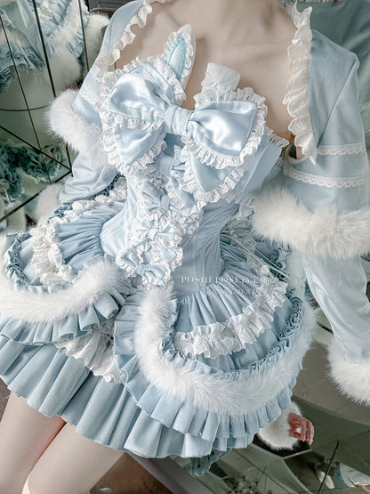 Blue Bunny Ears Bowknot Bodice Layered Skirt Boning Dress + Cropped Cape Top Set