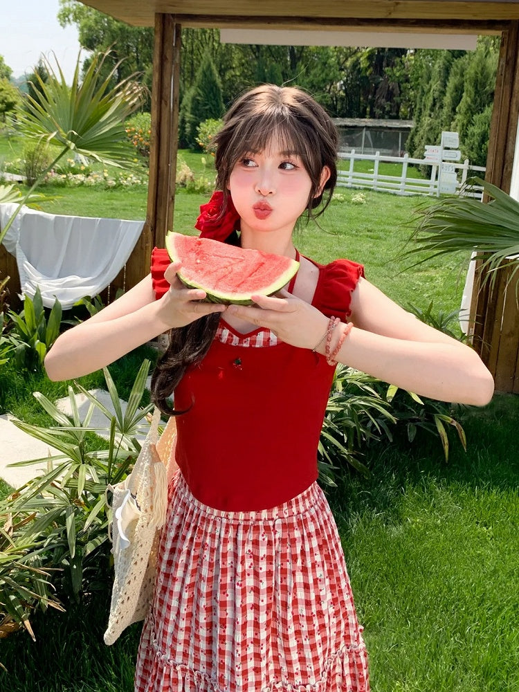 Red Halter Neck Flutter Sleeves Cherry Embroidery Neckline Faux Two-pieces Tank Top