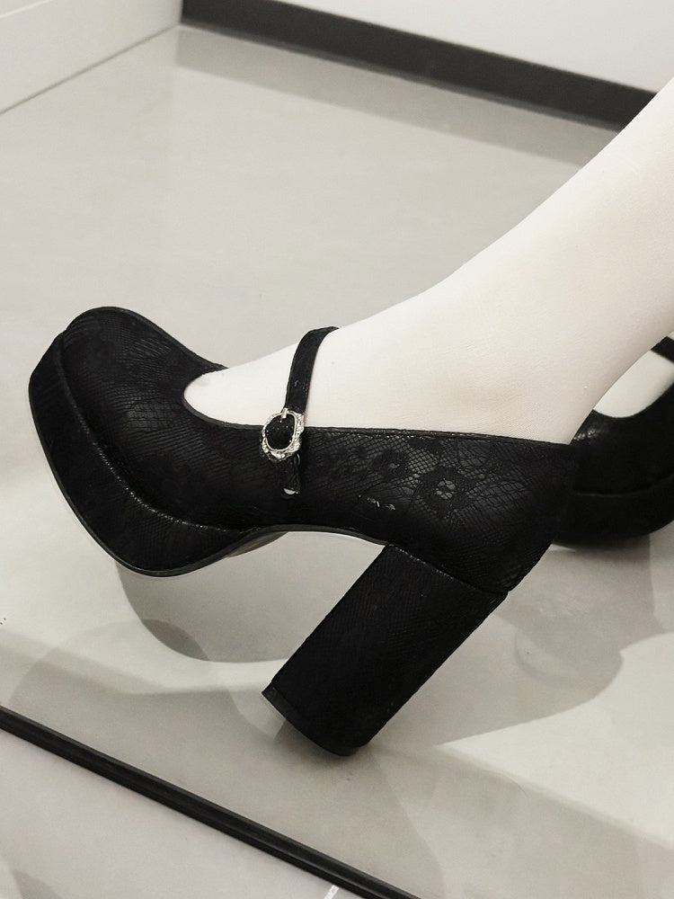 Gothic Lace Floral Mary Jane Shoes - Black Cat Macket