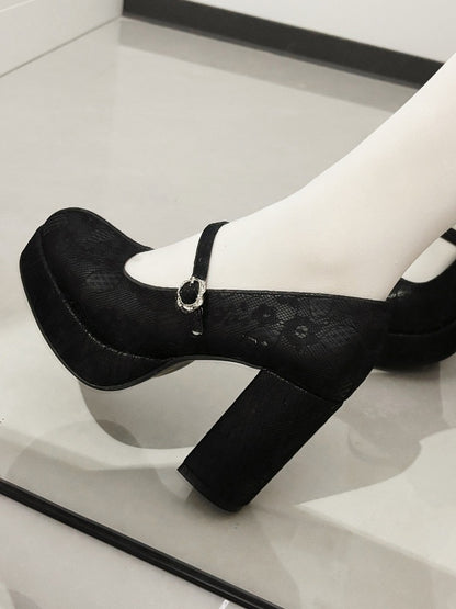 Gothic Lace Floral Mary Jane Shoes - Black Cat Macket