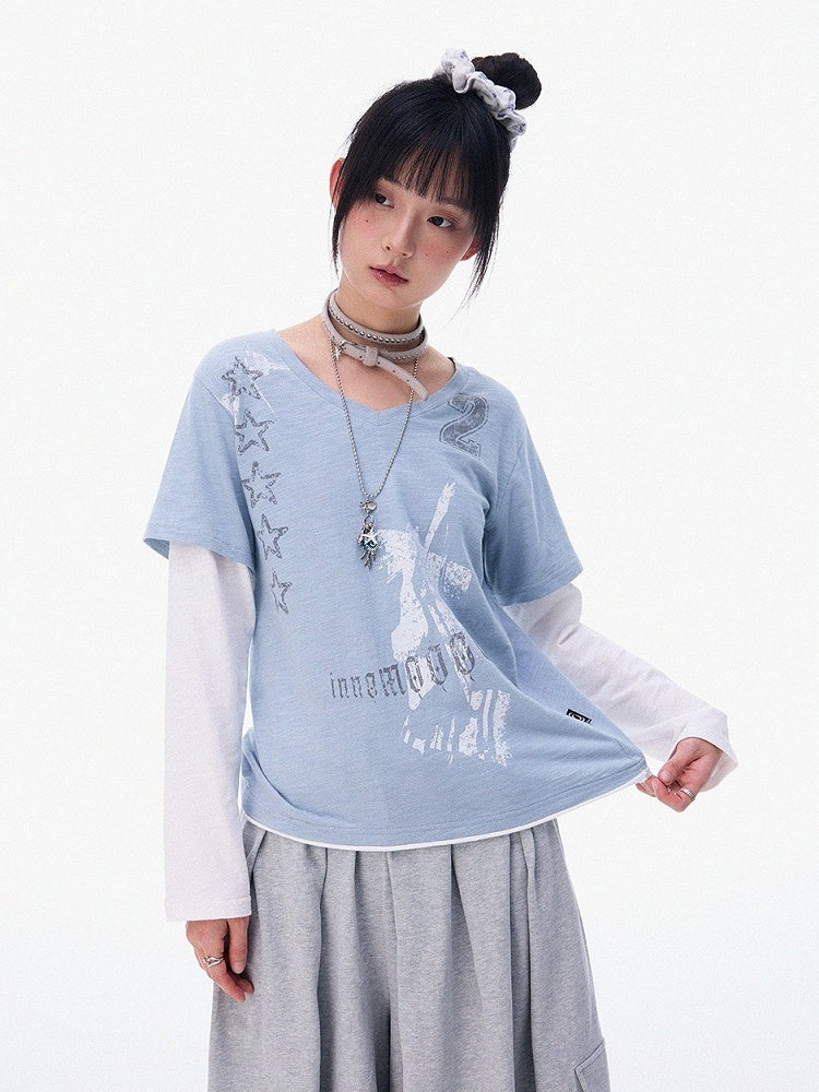 Dusty Blue Fake Two-Piece V-Neck Long Sleeve Tee with Print - innomoood