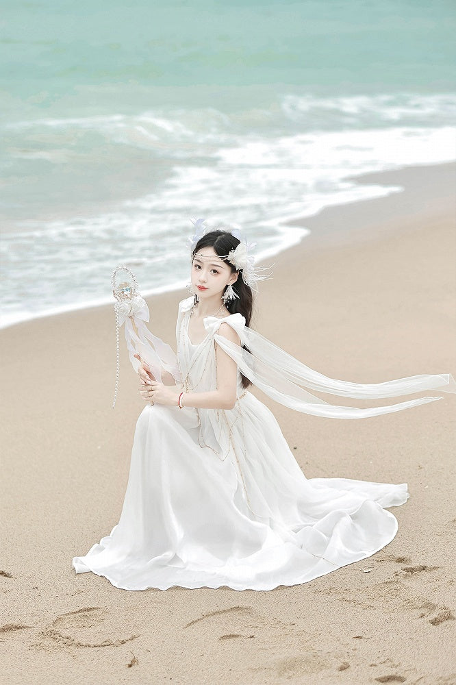 White Greek-inspired Lolita Flowing Bow Shoulders Maxi Dress with Gold Chains - Xiong Dou Jiang